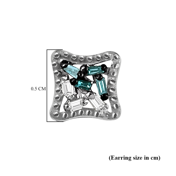 Blue and White Diamond (Bgt) Stud Earrings (With Push Back) in Platinum Overlay Sterling Silver 0.061 Ct.