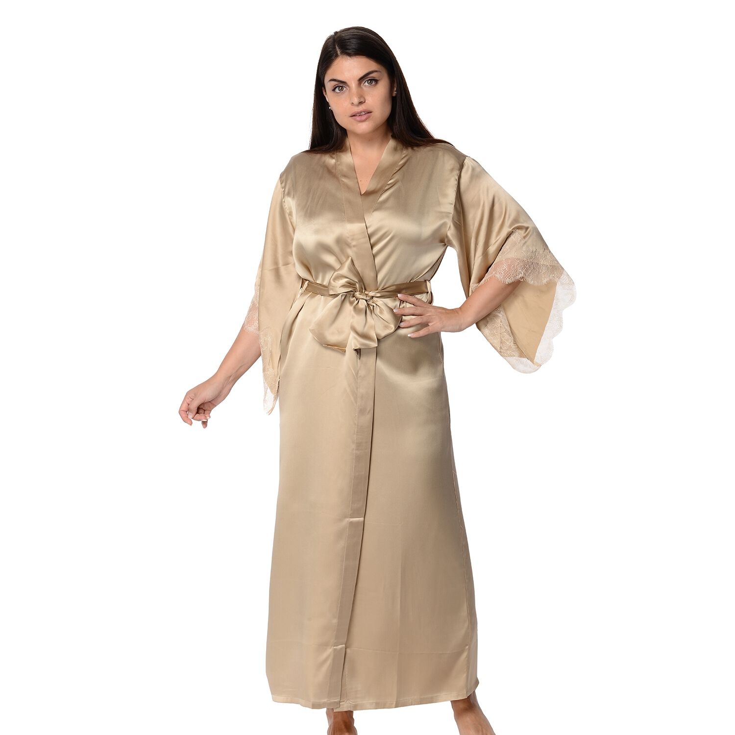 Super Auction 100% Mulberry Silk Long Robe with Kimono Style Sleeves with Lace in Gift Box in Golden Colour