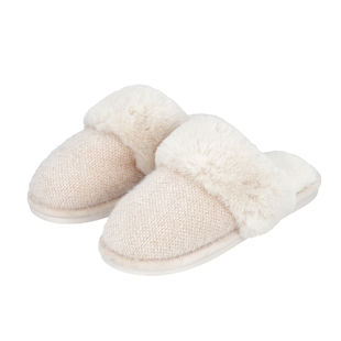Knitted Chenille Slippers with Faux Fur (Size L: 7-8) - Ivory