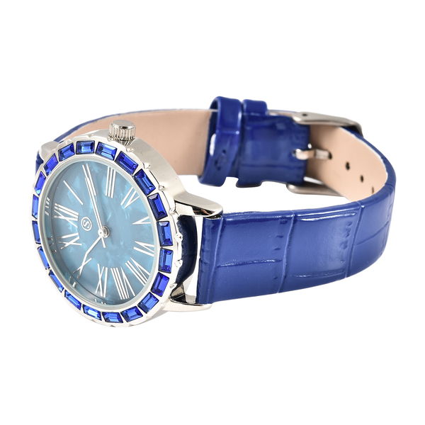 STRADA Japanese Movement Simulated Blue Sapphire Studded Water Resistant Watch with Dark Blue Colour Strap