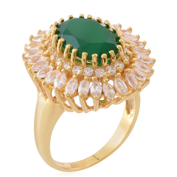Designer Inspired-Verde Onyx (Ovl 5.25 Ct), Natural White Cambodian Zircon Ring in 14K Gold Overlay Sterling Silver 9.750 Ct. Silver wt 7.30 Gms.