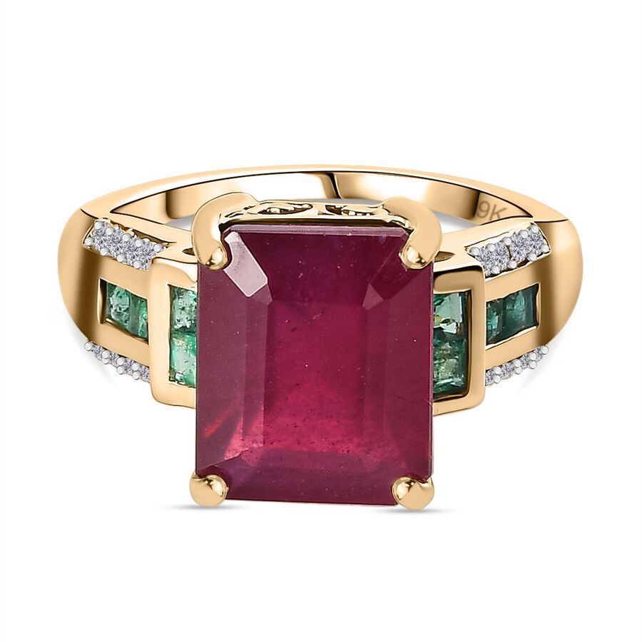 9K Yellow Gold AAA African Ruby, Premium Emerald & Natural Zircon Ring 7.30 Ct