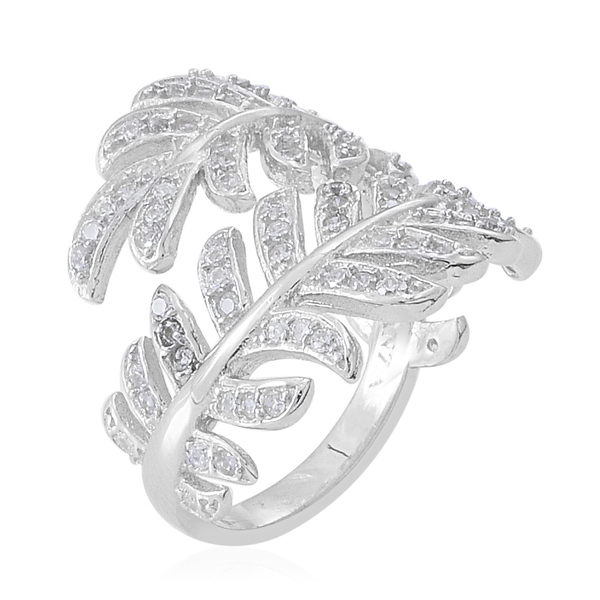 ELANZA Simulated Diamond (Rnd) Leaves Crossover Ring in Rhodium Plated Sterling Silver