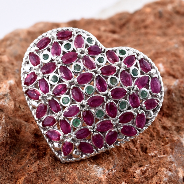 Designer Inspired -African Ruby (Mrq), Kagem Zambian Emerald Heart Ring in Platinum Overlay Sterling Silver 5.750 Ct. Silver wt 10.22 Gms.