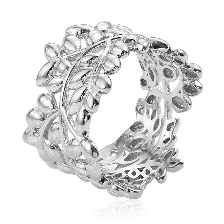 Designer Inspired Platinum Overlay Sterling Silver Olive Leaves Ring, Silver wt 5.44 Gms.