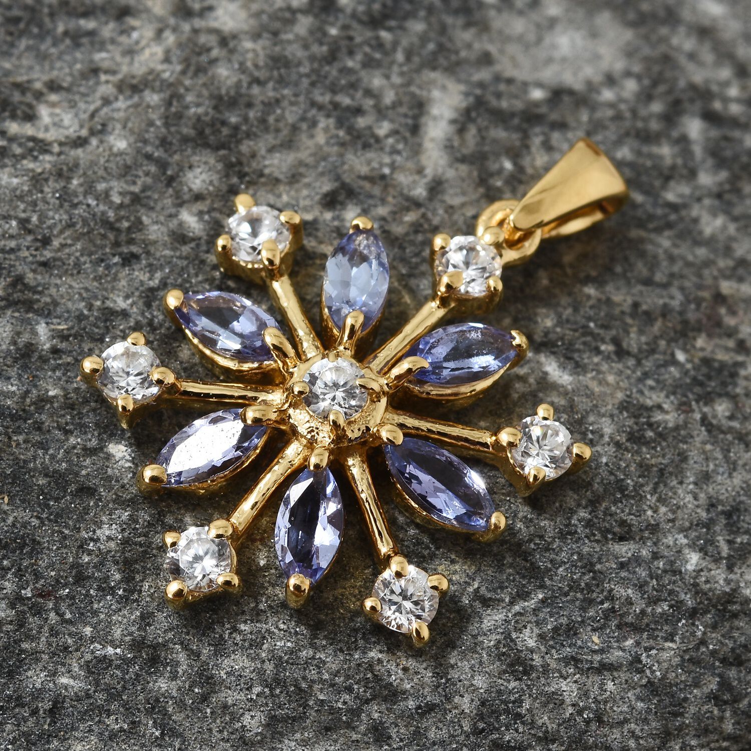 AA Tanzanite (Mrq), Natural Cambodian Zircon Snowflake Pendant in 14K Gold Overlay Sterling Silver 1.500 Ct.