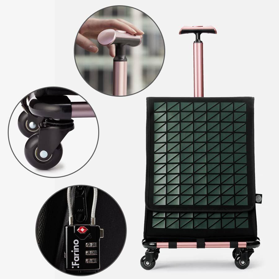 FARINO Unique Top-Loading Bag On 360 Rollerblade Spinner Wheel in Green and Rose Gold