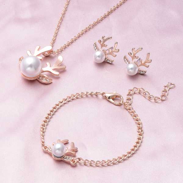 3 Piece Set - Christmas Simulated White Pearl and White Austrian Crystal Necklace (Size 20 with 2 inch Extender), Bracelet (Size 7 with 2 inch Extender) and Earrings (with Push Back) in Rose Gold Tone