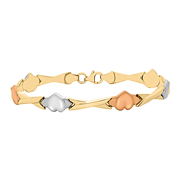 9K Yellow, White and Rose Gold Heart and Kiss Link Bracelet (Size - 7.5) With Lobster Clasp, Gold Wt