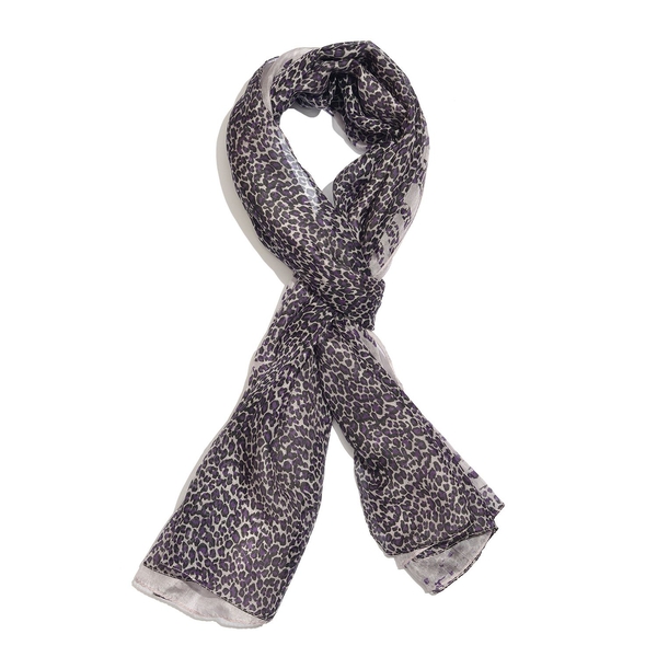 100% Mulberry Silk Violet, Black and White Colour Handscreen Leopard Printed Scarf (Size 200X180 Cm)
