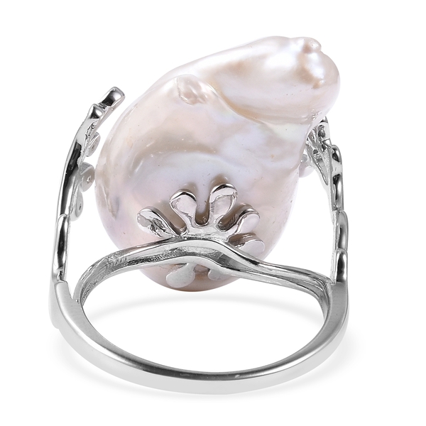 Baroque Pearl and Natural White Cambodian Zircon Ring in Rhodium Overlay Sterling Silver