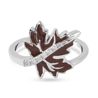 Diamond Maple Leaf Enamelled Ring (Size K) in Platinum Overlay Sterling Silver