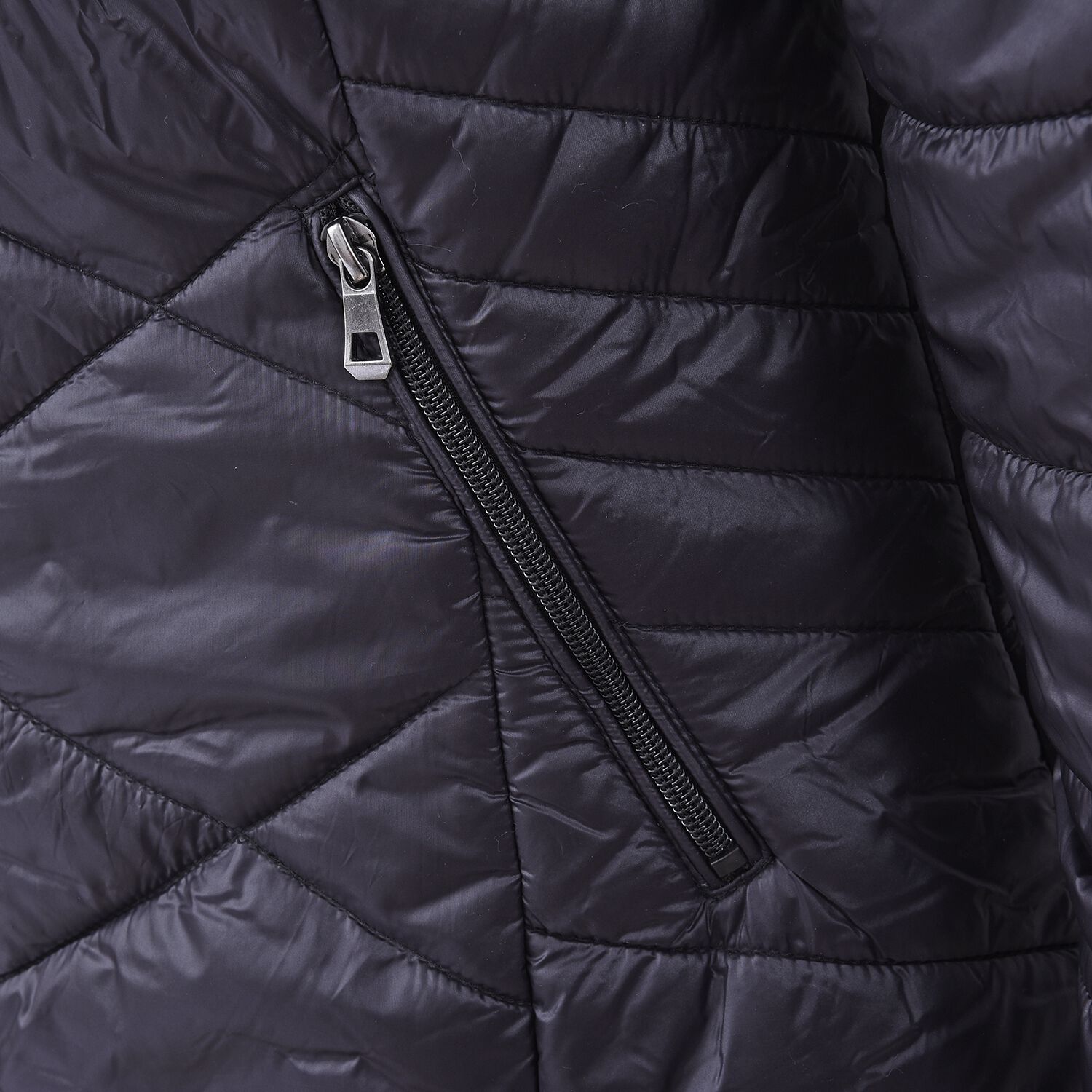 Solid Colour Women Long Puffer Coat with Two Zipper Pockets (Size XL 16 - 18) - Black