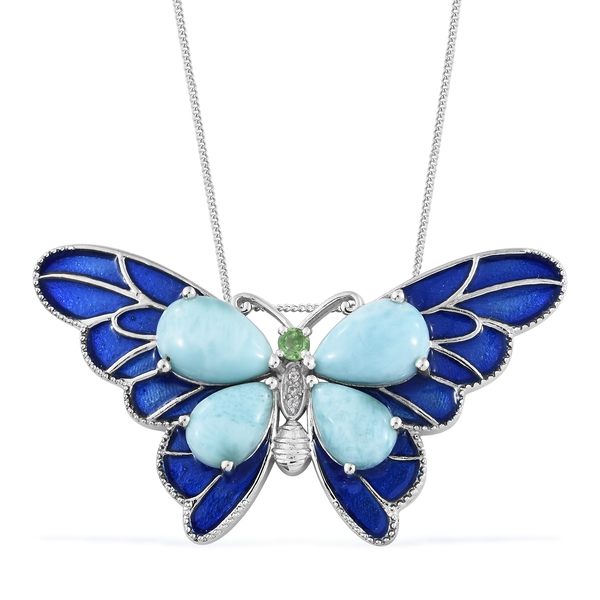 11 Ct Larimar and Multi Gemstone Butterfly Pendant with Chain in Platinum Plated Silver 10.98 Grams