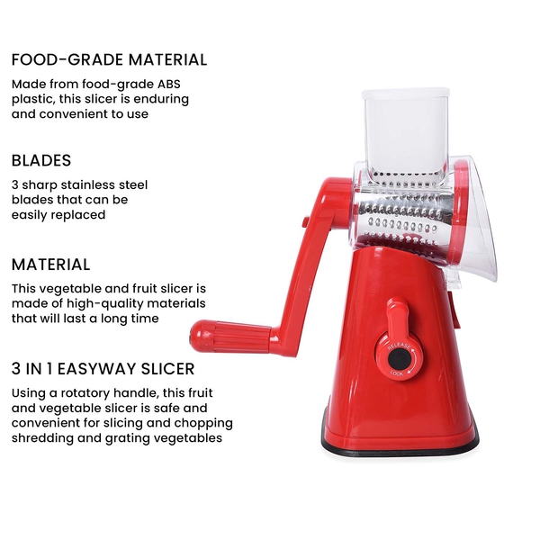 3 in 1 Easyway Vegetable and Fruit Slicer with One Slicing, Shredding and Grating Blade (Size 18x14x28 Cm) - Red