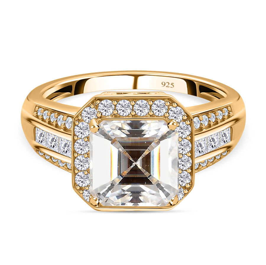 Moissanite Halo Ring in 18K Vermeil Yellow Gold Plated Sterling Silver 4.97 Ct.