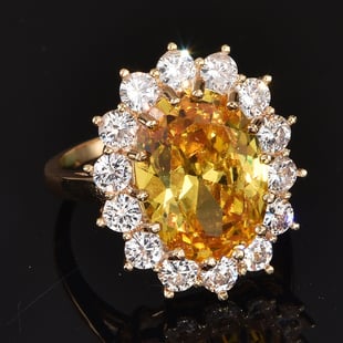 Simulated Yellow Sapphire and Simulated Diamond Halo Ring in Gold Tone