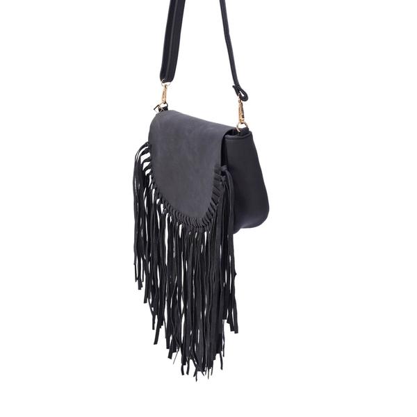 Black Colour Crossbody Bag with Fringes and Adjustable and Removable Shoulder Strap (Size 25.5x17.5x8.5 Cm)