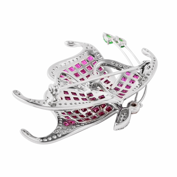 Lustro Stella Simulated Ruby, Simulated Peridot and Simulated Diamond Butterfly Brooch in Rhodium Overlay Sterling Silver, Silver wt. 9.00 gms