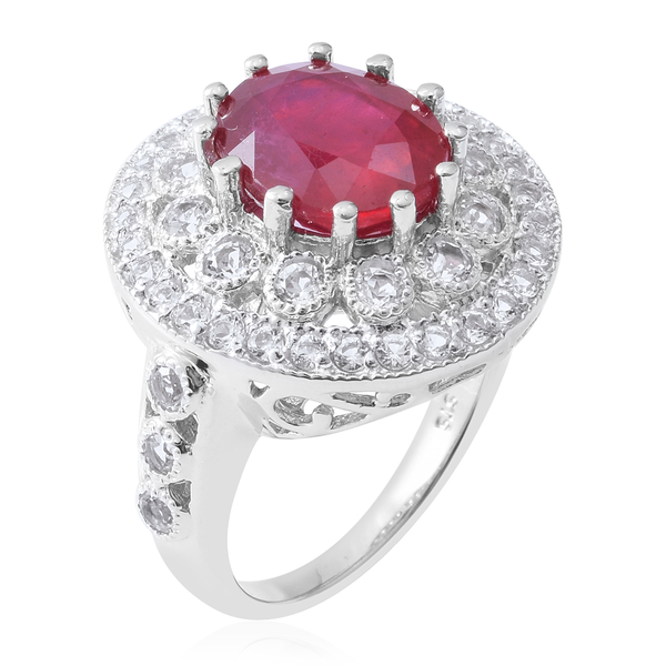 Limited Edition- African Ruby (Ovl 12x10mm, 7.30 Ct), White Topaz Ring in Rhodium Overlay Sterling Silver 9.600 Ct, Silver wt 8.15 Gms.