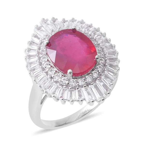 8.92 Ct African Ruby and White Topaz Halo Ring in Rhodium Plated Silver 5 Grams