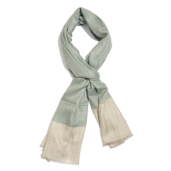 100% Cashmere Wool Lucite Green and Cream Colour Scarf with Fringes (Size 200X70 Cm)