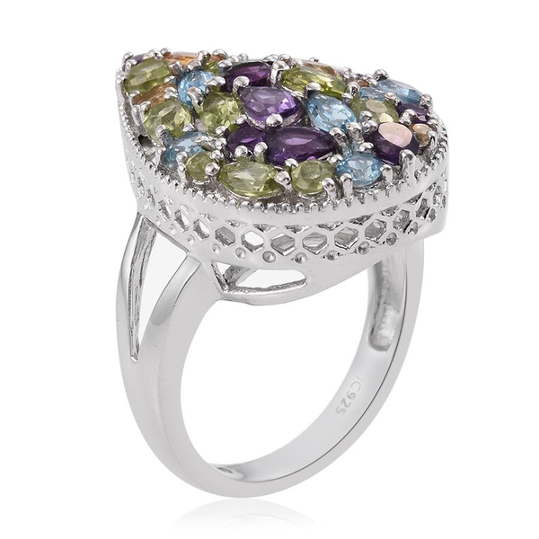 GP Hebei Peridot (Pear), Amethyst, Electric Swiss Blue Topaz, Citrine and Multi Gem Stone Ring in Platinum Overlay Sterling Silver 3.750 Ct.