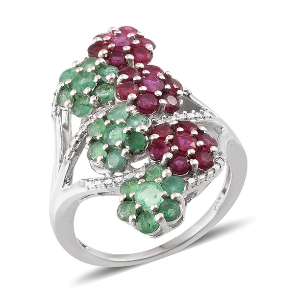 Kagem Zambian Emerald (Rnd), African Ruby Floral Ring in Platinum Overlay Sterling Silver 3.750 Ct.
