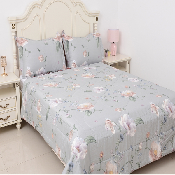 3 Piece Set - 100% Mulberry Silk King Size Quilt with Cotton Floral Printed Cover and Two Pillow Cas