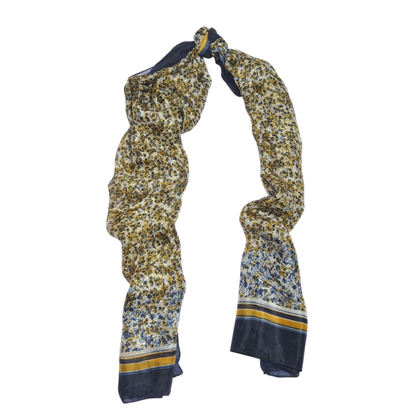 100% Mulberry Silk Yellow, Black and Multi Colour Handscreen Floral Printed Scarf (Size 200X180 Cm)