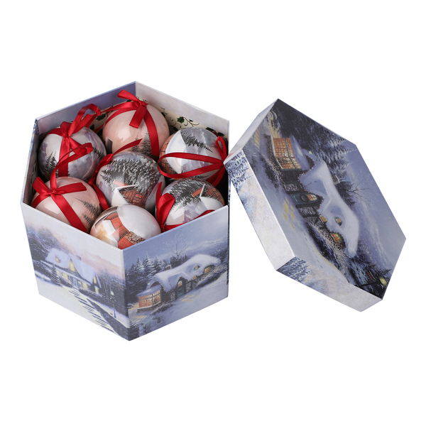Set of 14 - Christmas Decorative Log House and Trees Balls with Ribbons in Gift Box