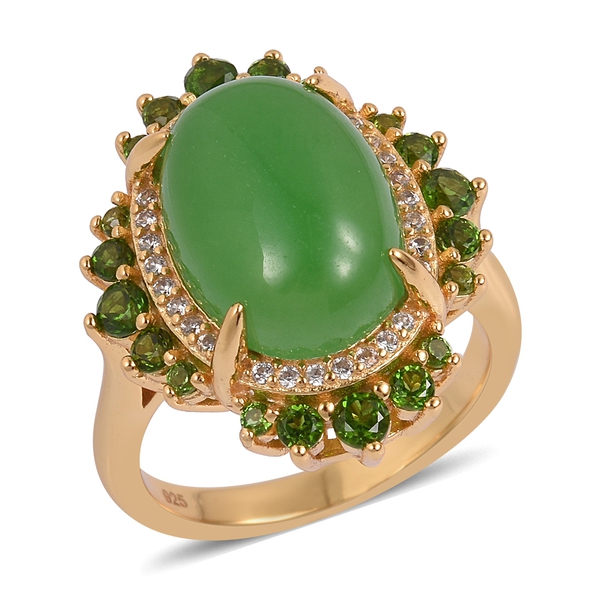 Green Jade (Ovl 7.00 Ct), Chrome Diopside and Natural White Cambodian Zircon Ring in Yellow Gold Ove