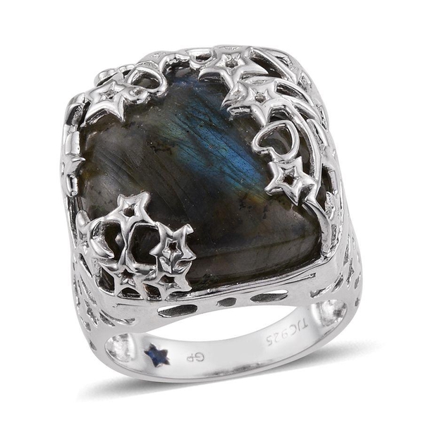 GP Labradorite (Cush 21.70 Ct), Kanchanaburi Blue Sapphire Ring in Platinum Overlay Sterling Silver 
