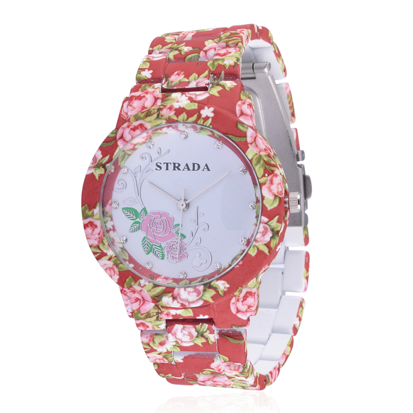 STRADA Japanese Movement Rose Pattern White Dial with White Austrian Crystal Water Resistant Watch i
