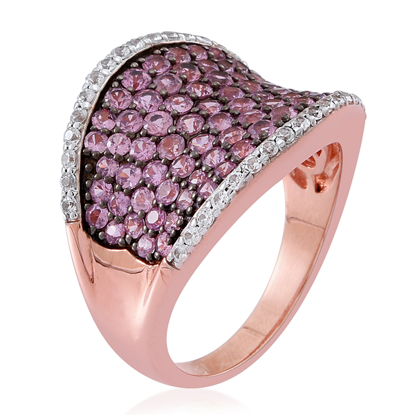 Limited Available- AA Pink Sapphire (Rnd), Natural Cambodian White Zircon Saddle Ring in 14K Rose Gold Overlay Sterling Silver 4.500 Ct.