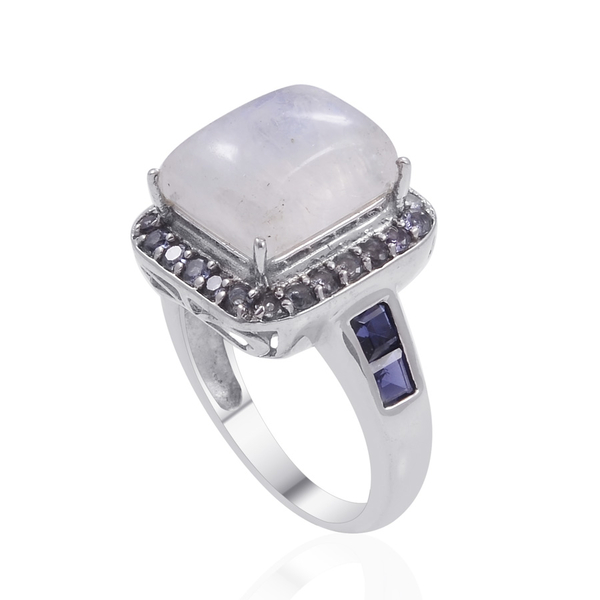 Rainbow Moonstone (Bgt 4.25 Ct), Iolite and Tanzanite Ring in Platinum Overlay Sterling Silver 5.250 Ct.