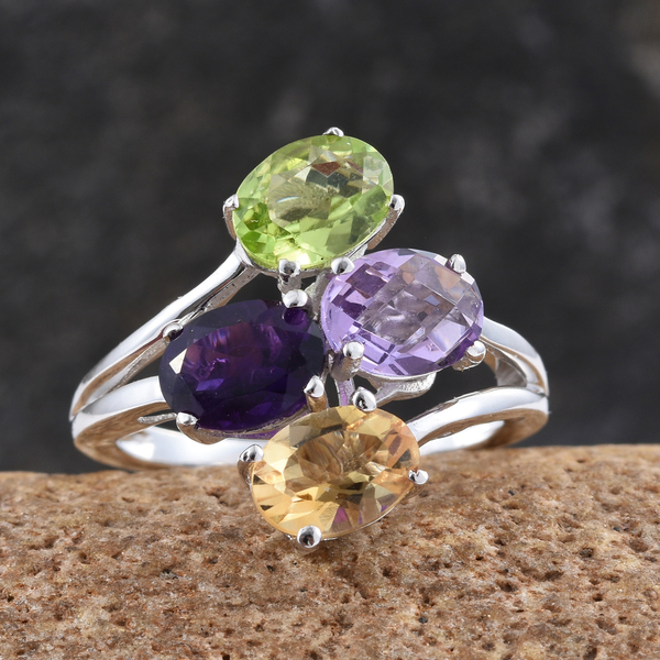 Amethyst (Ovl 1.13 Ct), Rose De France Amethyst, Citrine and Hebei Peridot Ring in ION Plated Platinum Bond 4.440 Ct.