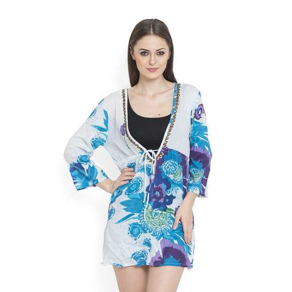100% Cotton Turquoise and Multi Colour Flowers Embroidered White Colour Beach Cover up and Poncho (S