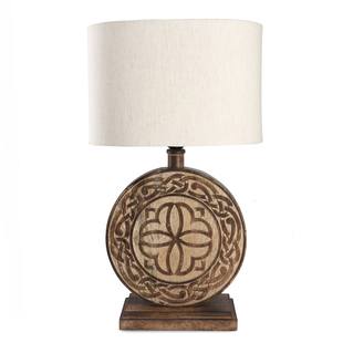Nakkash Hand Carved Celtic Mango Wood Lamp with Linen Lamp Shade (Size 30x20x51 cm) - Round