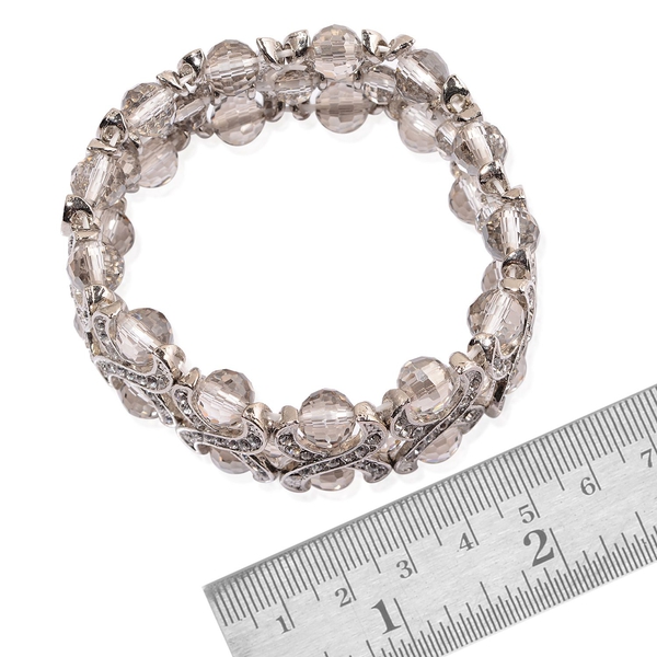 Simulated Grey Moonstone and White Austrian Crystal Stretchable Bracelet (Size 7.5) in Silver Tone