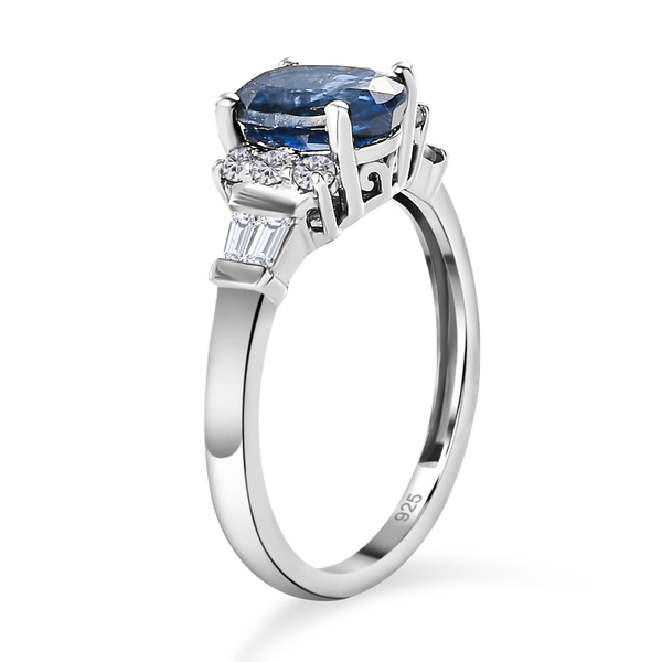 Kashmir Kyanite and Natural Cambodian Zircon Ring in Platinum Overlay Sterling Silver 2.09 Ct.