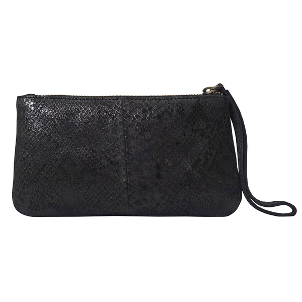 ASSOTS LONDON Darcy Genuine Leather Fully Lined Snake Print Pleated Wrislet Purse - Black