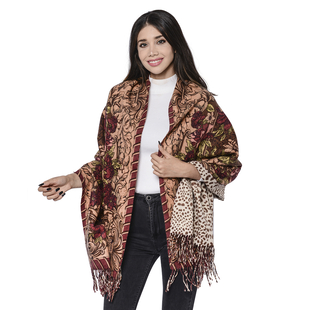 LA MAREY Super Soft 100% Lambswool Reversible Beige Leopard and Burgundy Floral Pattern Shawl with Tassels (180x65cm)