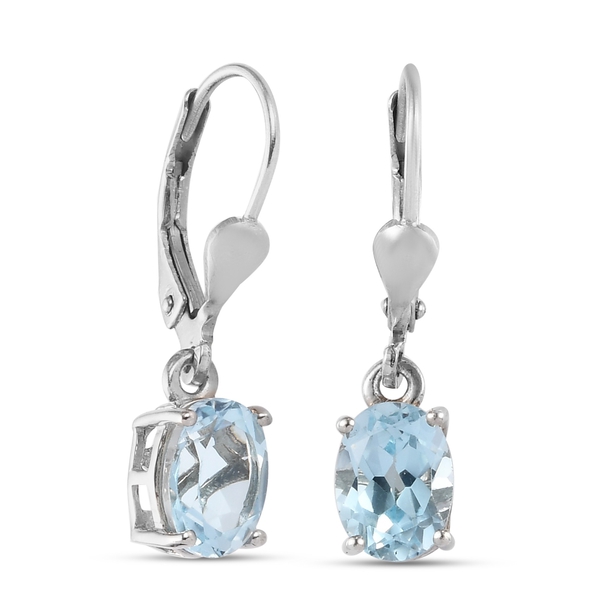 AA Sky Blue Topaz (Ovl) Lever Back Earrings in Platinum Overlay Sterling Silver 2.96 Ct.
