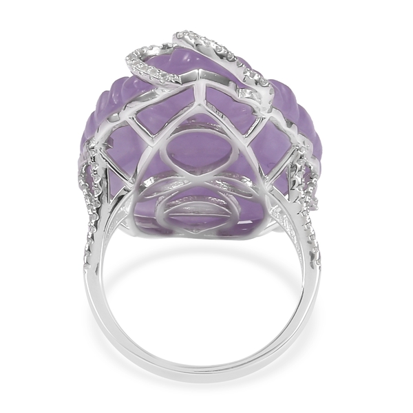 Purple Jade and Natural White Cambodian Zircon Ring in Rhodium Plated Sterling Silver 41.830 Ct. Number of Gemstone 109