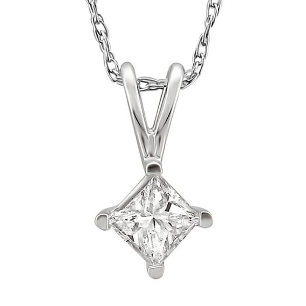 New York Close Out - 14K White Gold AGI Certified Diamond (I1/ G-H) (Sqr) Solitaire Pendant with Cha