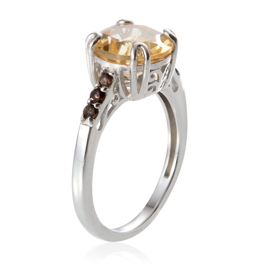 Citrine (Rnd 2.00 Ct), Brazilian Smoky Quartz Ring in Platinum Overlay Sterling Silver 2.050 Ct.
