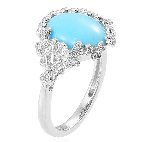 Designer Inspired- Arizona Sleeping Beauty Turquoise (Ovl 3.00 Ct), White Zircon Ring in Rhodium Plated Sterling Silver 3.100 Ct