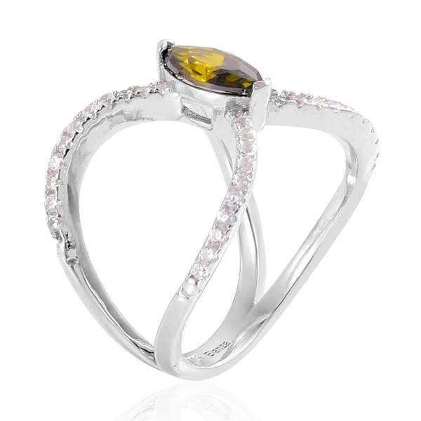 AAA Simulated Peridot and Simulated White Diamond Ring in Rhodium Plated Sterling Silver