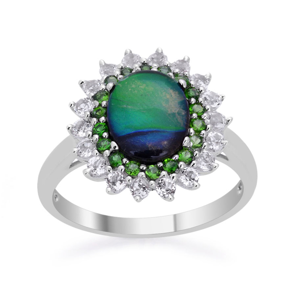 Tucson Collection Canadian Ammolite (Ovl 2.00 Ct), White Topaz and Chrome Diopside Ring in Platinum 